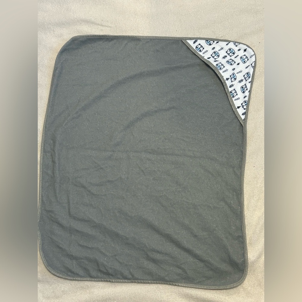 Small Grey Baby Hooded Bath Towel with Patterned Animals on the Hood.